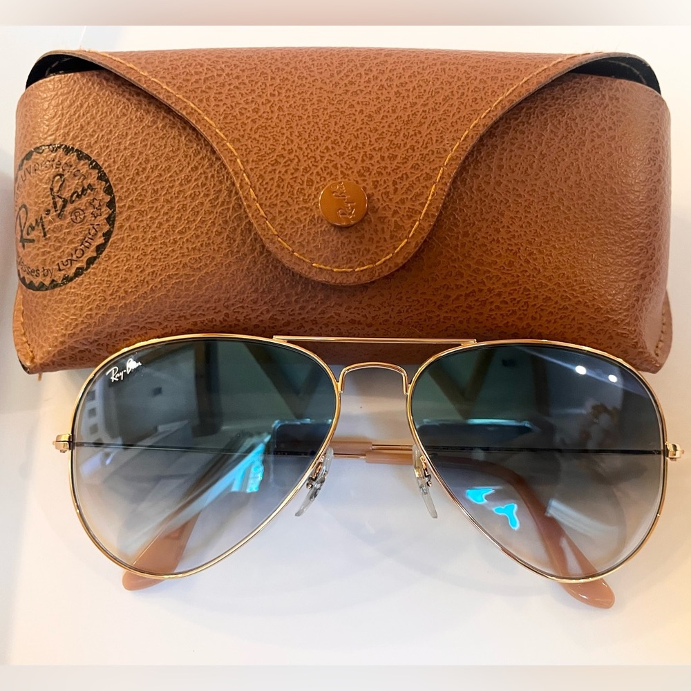 Ray-Ban Gold Aviator Sunglasses with Blue and Brown Gradient Lenses